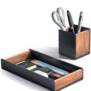UPERGO Walnut Desk Tray with Pen Holder Set